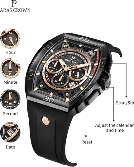 Paras Crown Watches for Men Tonneau 5ATM Waterproof Quartz Luxury Chronograph Analog Men's Wrist Watches Stainless Steel Case Mens Watches