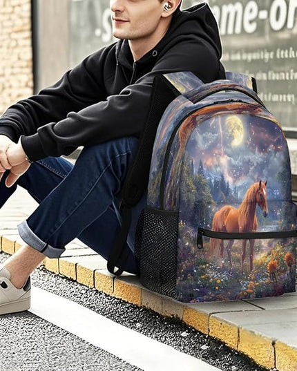 Large Backpack with 15.6 Inch Laptop Compartment, Fantasy Horse Forest Adult Backpack for Work, Travel & School College Boys Girls