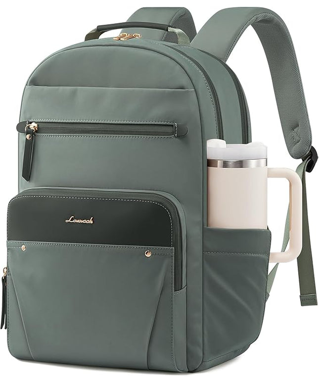 LOVEVOOK Laptop Backpack for Women with 2X Extra-Large Tumbler Pockets, 15.6" Work Backpack Purse, Travel Personal Item Bag, Carry On Business Computer Bag for Office, School, or Gift, Sage Green