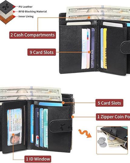 GAEKEAO Womens Wallet Small Leather RFID Blocking Bifold Zipper Pocket Wallet Card Case Purse with ID Window