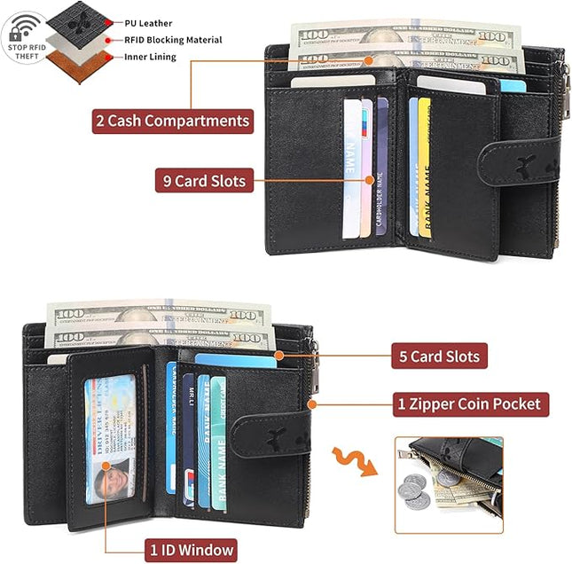 GAEKEAO Womens Wallet Small Leather RFID Blocking Bifold Zipper Pocket Wallet Card Case Purse with ID Window