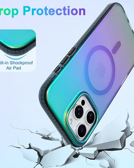 Aesthetic Case for iPhone 16 Pro Max Case for Women Girls [Compatible with Magsafe] Cute Girly Trendy Glitter Sparkly Rainbow Magnetic Protective Phone Cover, Matte Iridescent Blue & Green
