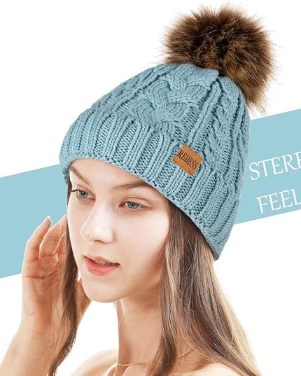 REDESS Women Winter Pompom Beanie Hat with Warm Fleece Lined, Thick Slouchy Snow Knit Skull Ski Cap