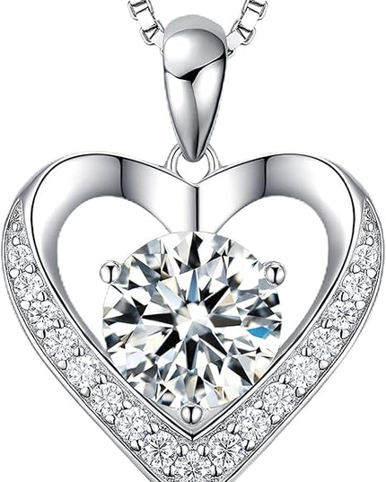 Moissanite Necklace for Women, Heart Pendant Engraved 'I Love You' Gifts for Wife, Valentine's Day Gift Anniversary Eternity Birthday Present Sterling Silver Jewelry for Her