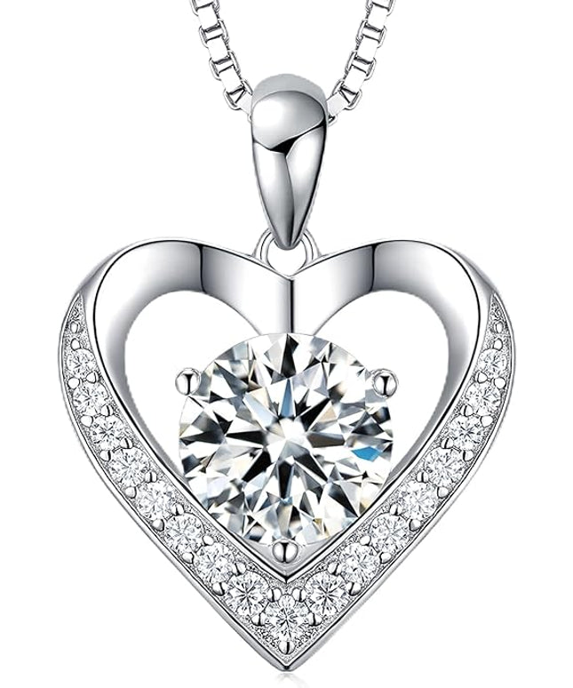 Moissanite Necklace for Women, Heart Pendant Engraved 'I Love You' Gifts for Wife, Valentine's Day Gift Anniversary Eternity Birthday Present Sterling Silver Jewelry for Her