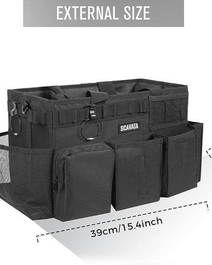 Wearable Cleaning Caddy Bag, Supplies Organizer with Handle & Shoulder Straps for Housekeepers, Under Sink & Car Cleaning Tool Organizer with 4 Foldable Dividers (Black)