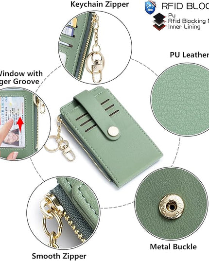 POIUGOYA Slim Wallet for Women,RFID Blocking Bifold Credit Card Holder with Zipper Coin Pocket,ID Window,Keychain