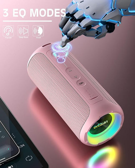Ortizan Bluetooth Speakers, Portable Wireless Stereo Speaker - IPX7 Waterproof, 30W RMS(40W Peak) Loud Sound, Deep Bass, LED Light, Bluetooth 5.3, for Home/Shower/Outdoor/Beach, Gifts for Adult, Pink