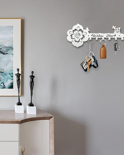 Deveosa Key Hooks Holder for Wall Decorative - Small White Entryway Welcome Home Sign Key Hanging Hangers Wall Mounted Racks
