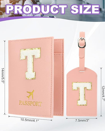 PATIKIL Passport Holder for Travel, Initial Passport Cover and Luggage Tag Set with Alphabet Chenille Letter Patch Travel Wallet Bag Suitcase Identifier for Women Family Travel Pink T
