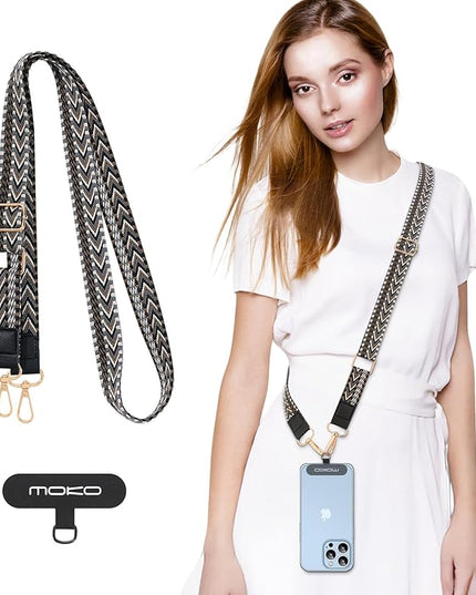 MoKo Universal Phone Lanyard, Braided Adjustable Cell Phone Crossbody Strap Detachable Women & Men Cellphone Lanyards Around The Neck with Patches for iPhone, Most Smartphones, Black & Gray