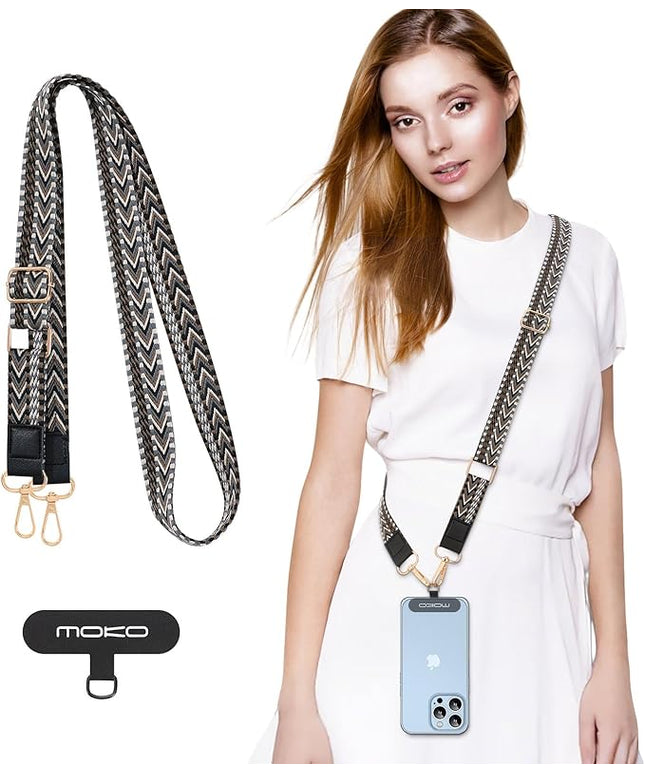 MoKo Universal Phone Lanyard, Braided Adjustable Cell Phone Crossbody Strap Detachable Women & Men Cellphone Lanyards Around The Neck with Patches for iPhone, Most Smartphones, Black & Gray