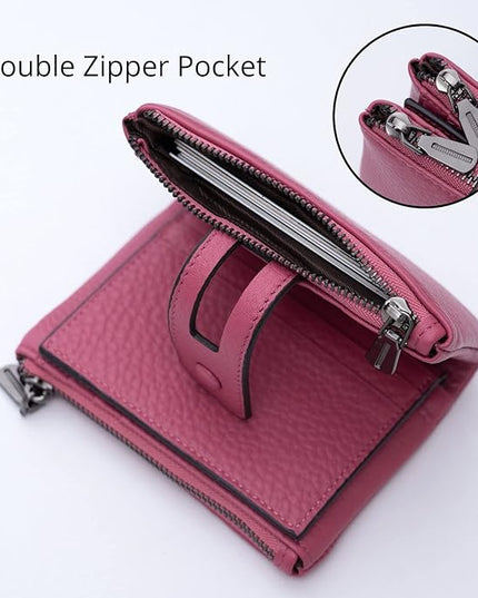 Bveyzi Small Soft Leather Wallet for Women RFID Blocking Ladies Card Holder with Double Zipper Pocket