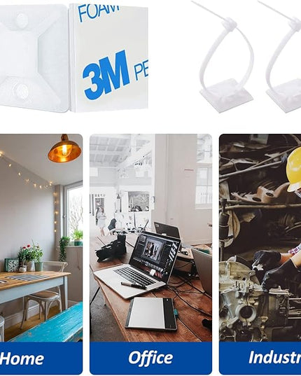 Strong Back-Glue Self Adhesive Cable Zip Tie Mounts Kit - 100 Set Cable Management Clips with 6" Zip Ties, Wire Holders - Outdoor Sticky Wire Organizer Clips - White