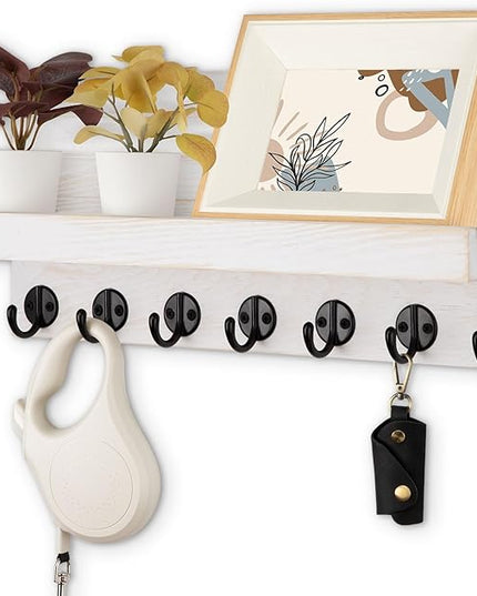 Lwenki Key Holder Wall Mount, Entryway Key and Mail Holder with 7 Sturdy Hooks for Sunglasses, Dog Leash, Decorative Wall Shelf with Mounting Hardware, 15”W x 6.7”H x 4.2”D