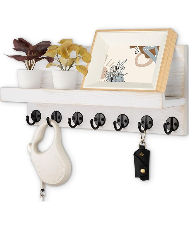 Lwenki Key Holder Wall Mount, Entryway Key and Mail Holder with 7 Sturdy Hooks for Sunglasses, Dog Leash, Decorative Wall Shelf with Mounting Hardware, 15”W x 6.7”H x 4.2”D
