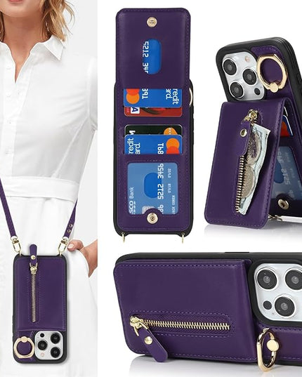 for iPhone 15 Pro Wallet Case with Card Holder, for iPhone 15 Pro Case Wallet with Strap Credit Card Slot, Crossbody Bag with Zipper Case for iPhone15 Pro - Purple