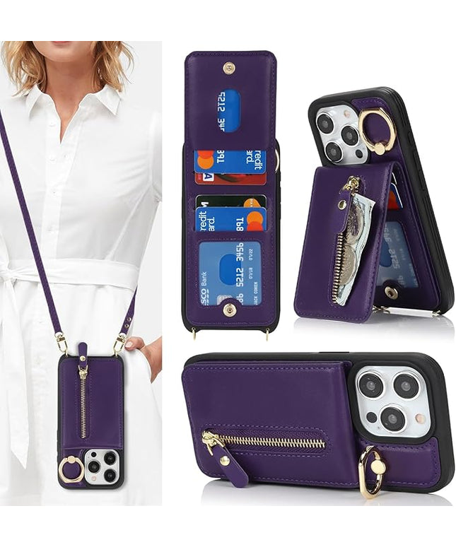 for iPhone 15 Pro Max Wallet Case with Card Holder, for iPhone 15 Pro Max Case Wallet with Strap Credit Card Slot, Crossbody Bag with Zipper Case for iPhone15 Pro Max - Purple