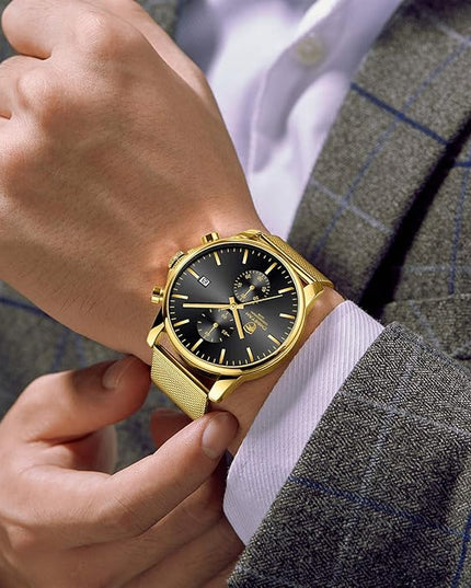 GOLDEN HOUR Mens Watch Fashion Sleek Minimalist Quartz Analog Mesh Stainless Steel Waterproof Chronograph Watches for Men with Auto Date