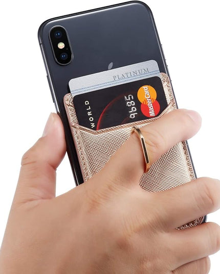 BIAJIYA Phone Card Holder RFID Leather Wallet Credit Adhesive Cell Case Stick-on Card Holder for Women and Men Back of Phone for Most of Smartphones (Rose/Gold)