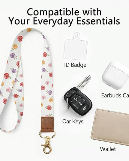 Cell Phone Lanyard with Wrist Strap, Rose Floral Neck Lanyard for Phones, ID Badge, Wallet and Keychain – Universal Set