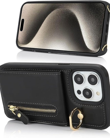 for iPhone 15 Pro Max Wallet Case with Card Holder, for iPhone 15 Pro Max Case Wallet with Strap Credit Card Slot, Crossbody Bag with Zipper Case for iPhone15 Pro Max - Black