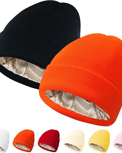 PFFY 2 Packs Womens Satin Lined Beanie Hat Silk Lining Winter Hats Beanies for Women Soft Slouchy Beanie Skull Cap