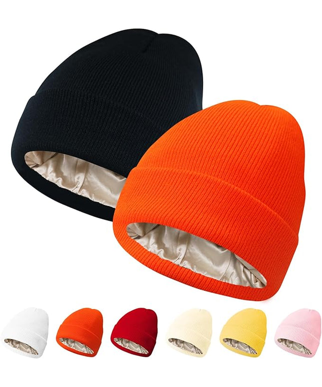 PFFY 2 Packs Womens Satin Lined Beanie Hat Silk Lining Winter Hats Beanies for Women Soft Slouchy Beanie Skull Cap