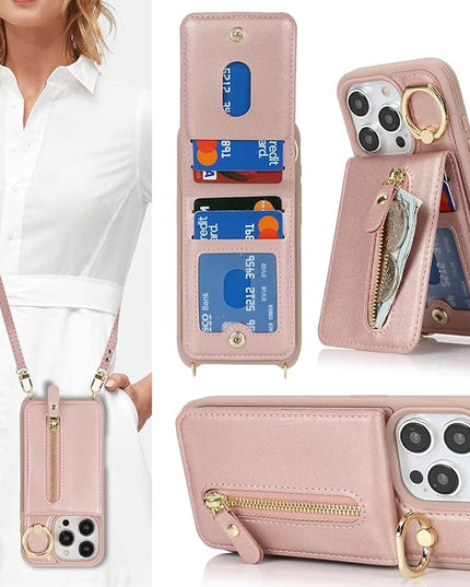 for iPhone 15 Pro Max Wallet Case with Card Holder, for iPhone 15 Pro Max Case Wallet with Strap Credit Card Slot, Crossbody Bag with Zipper Case for iPhone15 Pro Max - Rose Gold