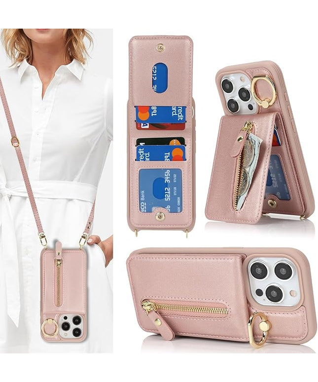 for iPhone 15 Pro Max Wallet Case with Card Holder, for iPhone 15 Pro Max Case Wallet with Strap Credit Card Slot, Crossbody Bag with Zipper Case for iPhone15 Pro Max - Rose Gold