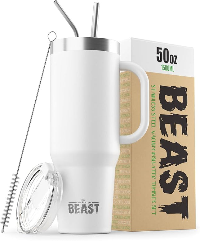 Beast 50 oz Tumbler with Handle Stainless Steel Vacuum Insulated Coffee Ice Cup Double Wall Travel Flask (Arctic White)