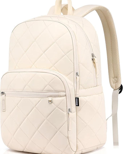 College Laptop Backpack for Women, School Backpack for Girls, Quilted Casual Daypack, Water-Resistant Bookbag for 15.6 Inch Laptop, Beige