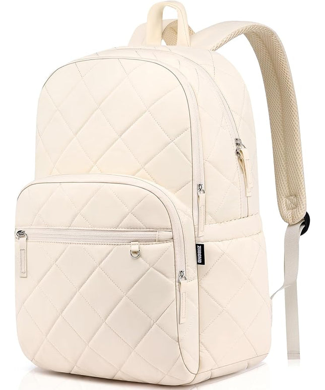 College Laptop Backpack for Women, School Backpack for Girls, Quilted Casual Daypack, Water-Resistant Bookbag for 15.6 Inch Laptop, Beige