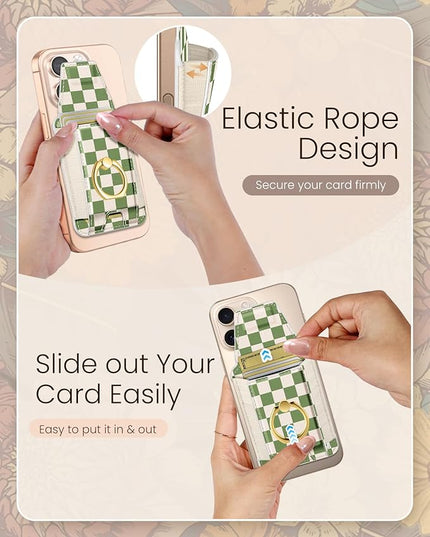 Shorogyt Compatible with Magsafe Wallet with Ring Grip Magnetic Card Holder - Cute Phone Wallets with Stand for iPhone 17/16/15/14/13/12 Series for Women Girls Green Grid Design, Fit 7 Cards