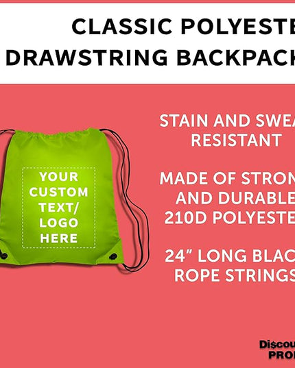 DISCOUNT PROMOS Custom Classic Polyester Drawstring Bagpack Set of 10/50/100, Personalized Bulk Pack - Great for Travelling, Gym and for Everyday Use - Lime Green