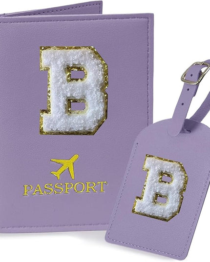 COSHAYSOO Purple Initial Passport Cover and Luggage Tag Set TSA Approved with Chenille Letter Patch for Women Teenage Girls, 2 Pcs Double Passport Holder Best Bag Suitcase Identifier (B)