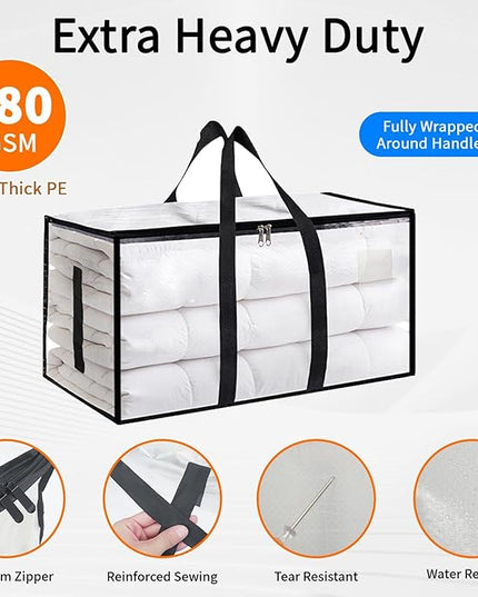 6 Pack-Extra Large Heavy Duty Moving Bags - Waterproof Storage Totes with Handles & Zippers, Foldable for College Dorm, Storage (Clear)