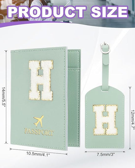 PATIKIL Passport Holder for Travel, Initial Passport Cover and Luggage Tag Set with Alphabet Chenille Letter Patch Travel Wallet Bag Suitcase Identifier for Women Family Travel Green H