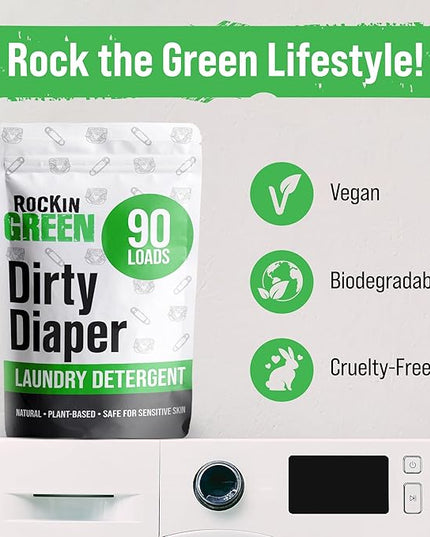 Rockin' Green Laundry Detergent, Plant based, All Natural Laundry Detergent Powder, Vegan and Biodegradable Odor Fighter, Safe for Sensitive Skin (Baby Cloth Diaper 90 Loads Unscented)