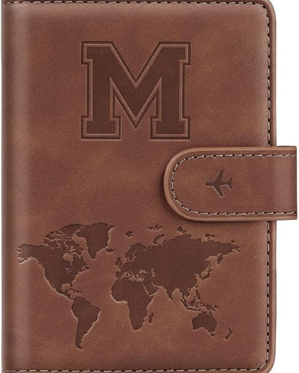 Passport Holder Wallet Cover Personalized Letter A-Z Travel Wallet RFID Blocking Passport Cover Wallet Case for Travel Passport Book Holders for Women and Men, Brown-M