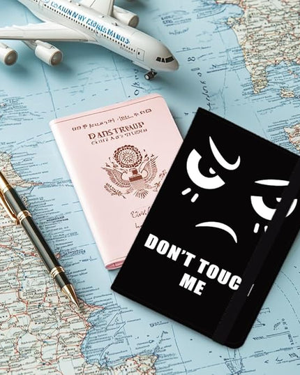 Don't Touch Me Leather Passport Holder Cover Fun Black Travel Wallet Passport Case with Credit Card Slots for Women Men Travelling Essentials for Flying