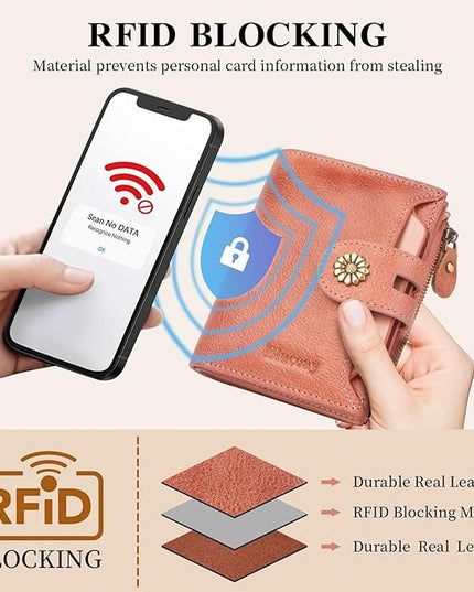Blucoay Wallet Women,RFID Blocking Leather Womens Wallet Bifold Compact Card Holder Small Wallet for Women with Removable ID Window Pink