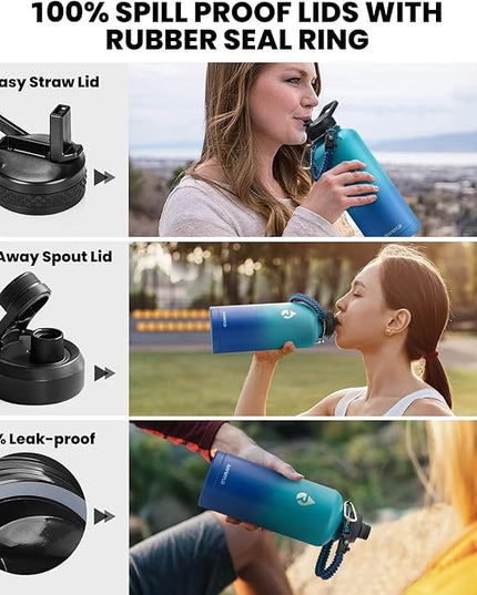 Insulated Water Bottle 87 oz, Triple Wall Vacuum Stainless Steel (Cold for 48 Hrs), Leak Proof & Non-BPA, Modern Water Flask Jug with Paracord Handle & Straw Spout Lids, Cyan Blue