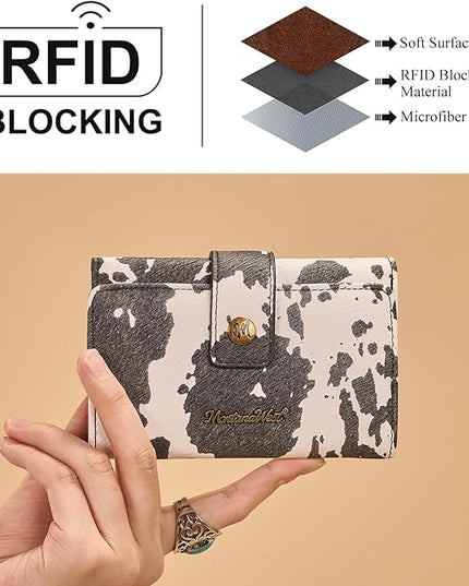 Montana West Small Women's Wallet Black Cow Print Card Wallets for Women Trifold Travel Wallet Ladies Female Wallets RFID Blocking Western Card Cash Wallett with ID Window