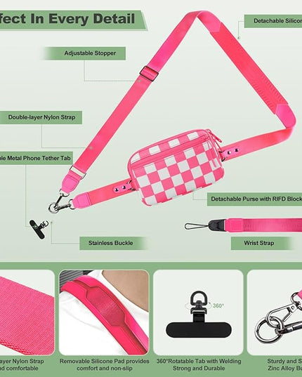 Clip and Go Strap for Phone with Wallet Crossbody, Adjustable Phone Lanyard with Detachable RFID Wristlet Wallet, Phone Strap with Phone Tabs for All Phones, Pink Checkered (M)