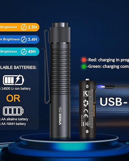 VTIGER T1A Mini Pocket EDC Flashlight with Clip,1300 Lumen Compact AA Rechargeable LED Little Flashlights, Super Bright Tail Switch Small Flash Light with Magnet for Camping,Hiking,Outdoor,Emergency