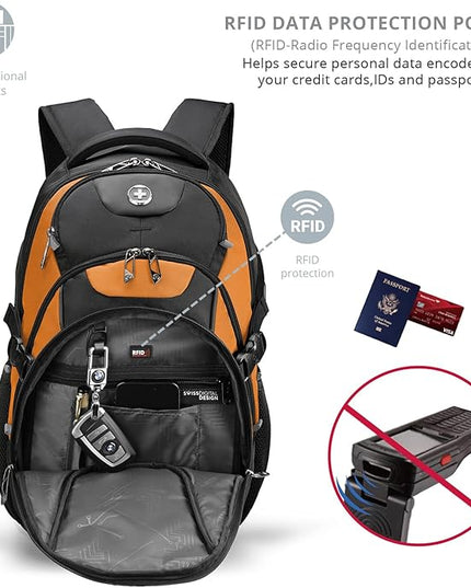 Swissdigital Design Laptop Backpack with USB Charging Port, Travel Backpack Fits 15.6 inches Computer, 31L College School Backpack for Men, Orange/Black | SD803-66