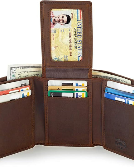 Stealth Mode Trifold Leather Wallet for Men with ID Holder and RFID Blocking (Brown)