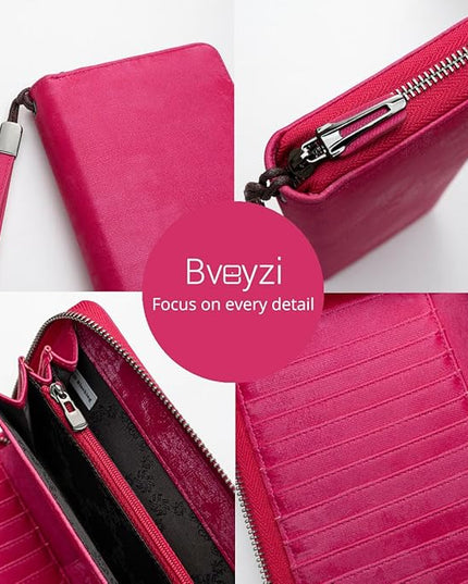 Bveyzi Women RFID Blocking Wallet Leather Zip Around Phone Clutch Large Capacity Ladies Travel Purse Wristlet | RFID Blocking, Zip Around, Large Capacity