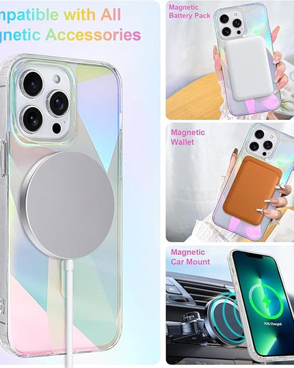 Cute Case for iPhone 13 Pro Case for Women Girls [ Compatible with Magsafe ] Clear Glitter Girly Aesthetic Rainbow Sparkly Bling Magnetic Phone Cover, Iridescent Geometry